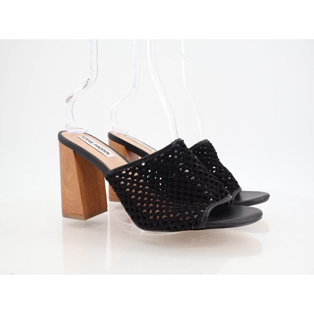 Steve Madden Cataleya Block Heel Sandal Size 11M Crochet Mule Slip On Shoe Black - Picture 2 of 11